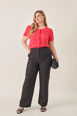 Calça Plus Size Pantalona Preta Em Crepe Com Bolsos Frontais - 81059
