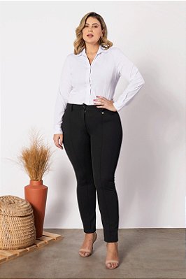 Calça Plus Size Preta Skinny Com Nervura E Bolsos Traseiros - 81591
