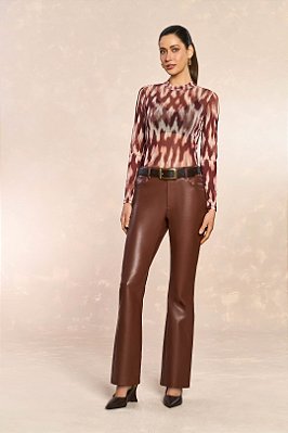 Blusa Estampada De Marrom Em Tule De Manga Longa Doce Trama - 104353