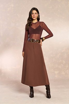 Blusa Marrom Em Tule De Manga Longa E Gola Alta Doce Trama - 104353