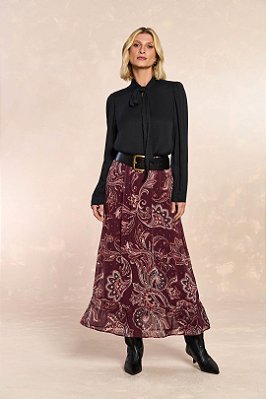 Saia Maxi Midi Estampada Em Chiffon Brilho Maquinetado Doce Trama - 106171