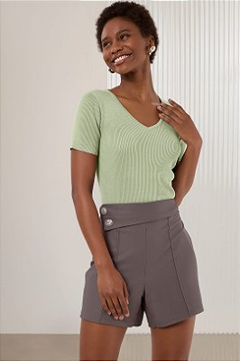 Blusa Verde Em Tricot De Manga Curta E Decote V - 37521