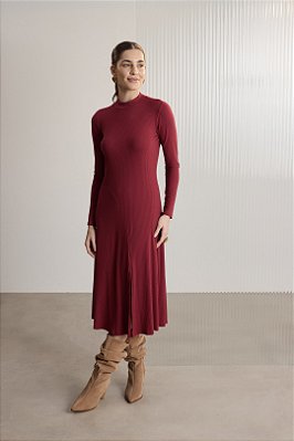 Vestido Midi Bordô Em Malha Canelada De Manga Longa Com Fenda Frontal - C8103