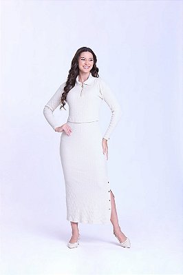 Vestido Maxi Midi Off White Em Malha Canelada De Manga Longa Hapuk - 62069
