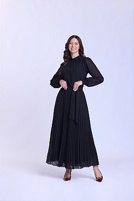 Vestido Maxi Midi Preto Em Chiffon Plissado E Acompanha Faixa Hapuk - 62083