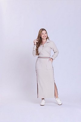 Conjunto De Saia Maxi Midi Bege Em Malha Texturizada Hapuk - 49556