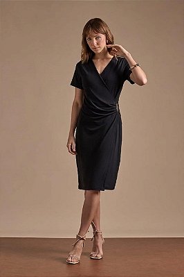 Vestido Preto Transpassado Em Malha Stretch Com Fivela Orgânica Clamila - 10760