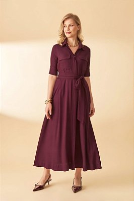 Vestido Chemise Maxi Midi Uva Em Viscose Com Bolsos E Acompanha Faixa - 1321