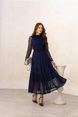 Conjunto Azul De Saia Maxi Midi E Blusa De Manga Longa Em Tule Jany Pim - 7070