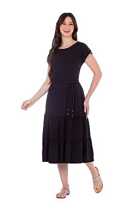 Vestido Midi Preto Em Viscose Três Marias Acompanha Cordão Hapuk - 61812