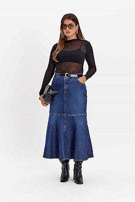 Saia Maxi Midi Jeans Sereia Com Fenda Frontal Elegance All Curves - 172358