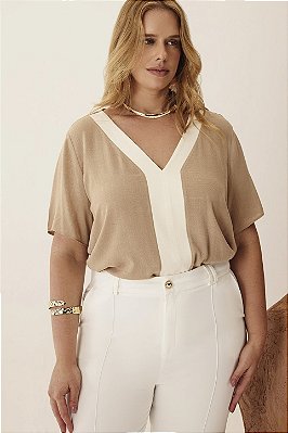 Blusa Bege Com Recorte Off White Em Viscose Elegance All Curves - 035197
