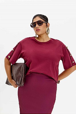 Blusa Bordô Em Malha De Algodão Com Detalhe De Botões Elegance All Curves - 035421