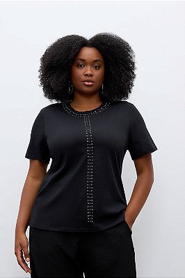 Blusa Preta Em Malha De Algodão Com Termocolante Elegance All Curves - 035543
