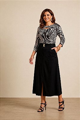 Saia Midi Preta Em Suede Com Fenda Frontal E Acompanha Cinto Clamila - 10949