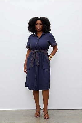 Vestido Chemise Azul Em Viscopoly Acompanha Faixa Elegance All Curves - 053750
