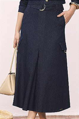 Saia Midi 80 Cm Jeans Evasê Listrada Acompanha Faixa Titanium - 28174
