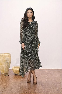 Vestido Maxi Midi Estampado Em Chiffon Assimétrico Titanium - 28173