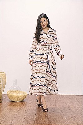 Vestido Chemise Maxi Midi Estampado Em Crepe Acompanha Faixa Titanium - 28189