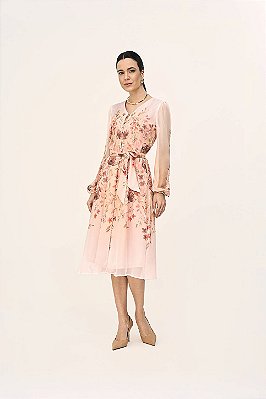 Vestido Midi Estampado Em Chiffon Acompanha Faixa Laura Rosa - 811210