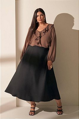 Saia Plus Size Maxi Midi Preta Em Cetim Com Bolsos Laterais Vocco Plus - 32438