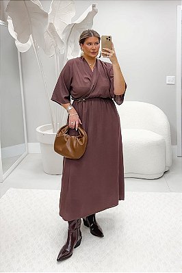 Vestido Plus Size Maxi Midi Marrom Transpassado Vocco Plus - 86859