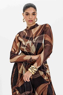 Blusa Estampada Em Tule De Manga Longa E Gola Alta Elegance All Curves - 035437