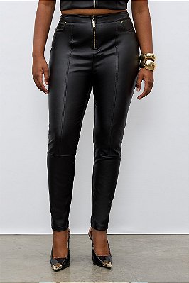 Calça Preta Em PU E Malha Crepe Com Zíper Frontal Elegance All Curves - 022521