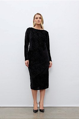 Vestido Midi Preto Com Estampa Animal Print Em Veludo Elegance All Curves - 053806