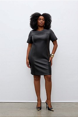 Vestido Preto Em PU E Malha Crepe De Manga Curta Elegance All Curves - 053616