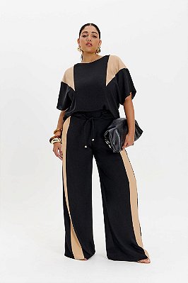 Conjunto De Calça Pantalona Preto Com Recortes Bege Elegance All Curves - 091278