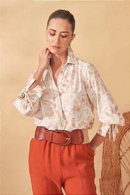 Camisa Estampada Em Viscose De Manga Longa Com Amarração - 3659