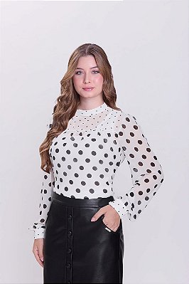 Blusa Off White Com Poá Preto De Manga Longa Em Chiffon Hapuk - 21898