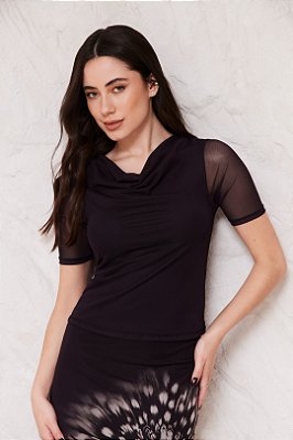 Blusa Preta Em Tule De Manga Curta Com Gola Boba Doce Trama - 107329