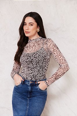 Blusa Estampada Em Tule De Gola Alta E Manga Longa Doce Trama - 107327