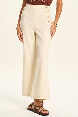 Calça Pantalona Cropped Trendy Em White Denim Com Botões Frontais Doce Trama - 106503
