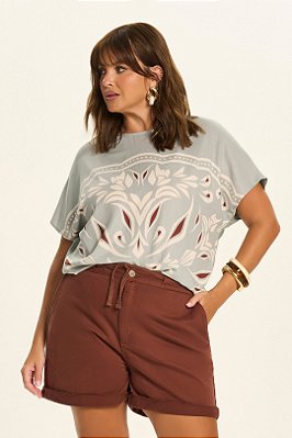 Blusa Plus Size Verde Água Com Estampa Frontal E Manga Curta Morcego Doce Trama - 106877