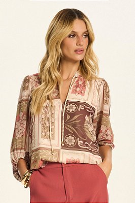 Blusa Estampada Em Chiffon De Manga 3/4 Com Decote Gota Doce Trama - 106577