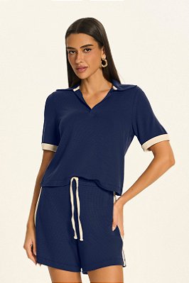 Blusa Azul Com Recortes Off White Em Malha New Favo Doce Trama - 106679