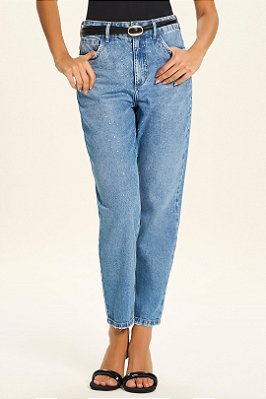 Calça Jeans Mom Cropped Com Termocolantes Doce Trama - 106666