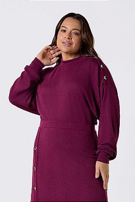 Blusa Plus Size Burgundy De Manga Longa Com Gola Alta E Detalhe De Botões - 23384