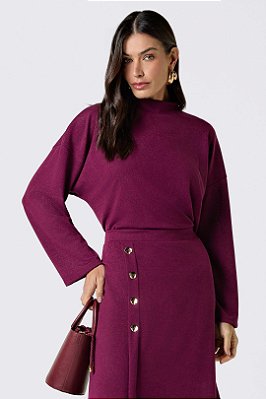 Blusa Burgundy De Manga Longa Com Gola Alta E Detalhe De Botões - 14004
