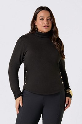 Blusa Plus Size Preta Em Malha Tricot Com Gola Alta E Detalhe De Botões Frontais - 13930