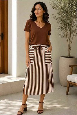 Conjunto De Saia Maxi Midi Listrado De Marrom E Off White Em Moletinho - 9984135