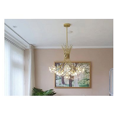 Pendente Candelabro Dourado 60x65cm 19 lamp. Floral Petalas Cristal Asfour