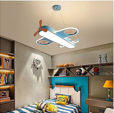 Pendente Luminaria Avião Infantil Azul Quarto Menino 55 x 51cm (Informar 110 ou 220v)