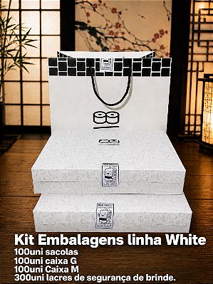 Kit Embalagens Linha white 300uni/100unid sacolas/100uni caixa G/100unid caixa M/300unid lacres de segurança brinde.