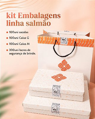 Kit Embalagens Linha Salmão c/ 300uni/100unid sacolas/100uni caixa G/100unid caixa M/300unid lacres de segurança brinde.