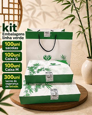 Kit Embalagens Linha Verde c/ 300uni/100unid sacolas/100uni caixa G/100unid caixa M/300unid lacres de segurança brinde.