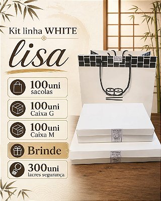 Kit Embalagens Linha Branca Lisa c/ 300uni/100unid sacolas/100uni caixa G/100unid caixa M/300unid lacres de segurança brinde.
